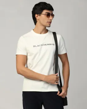 Crew Neck Off White Printed T-Shirt - Rumba