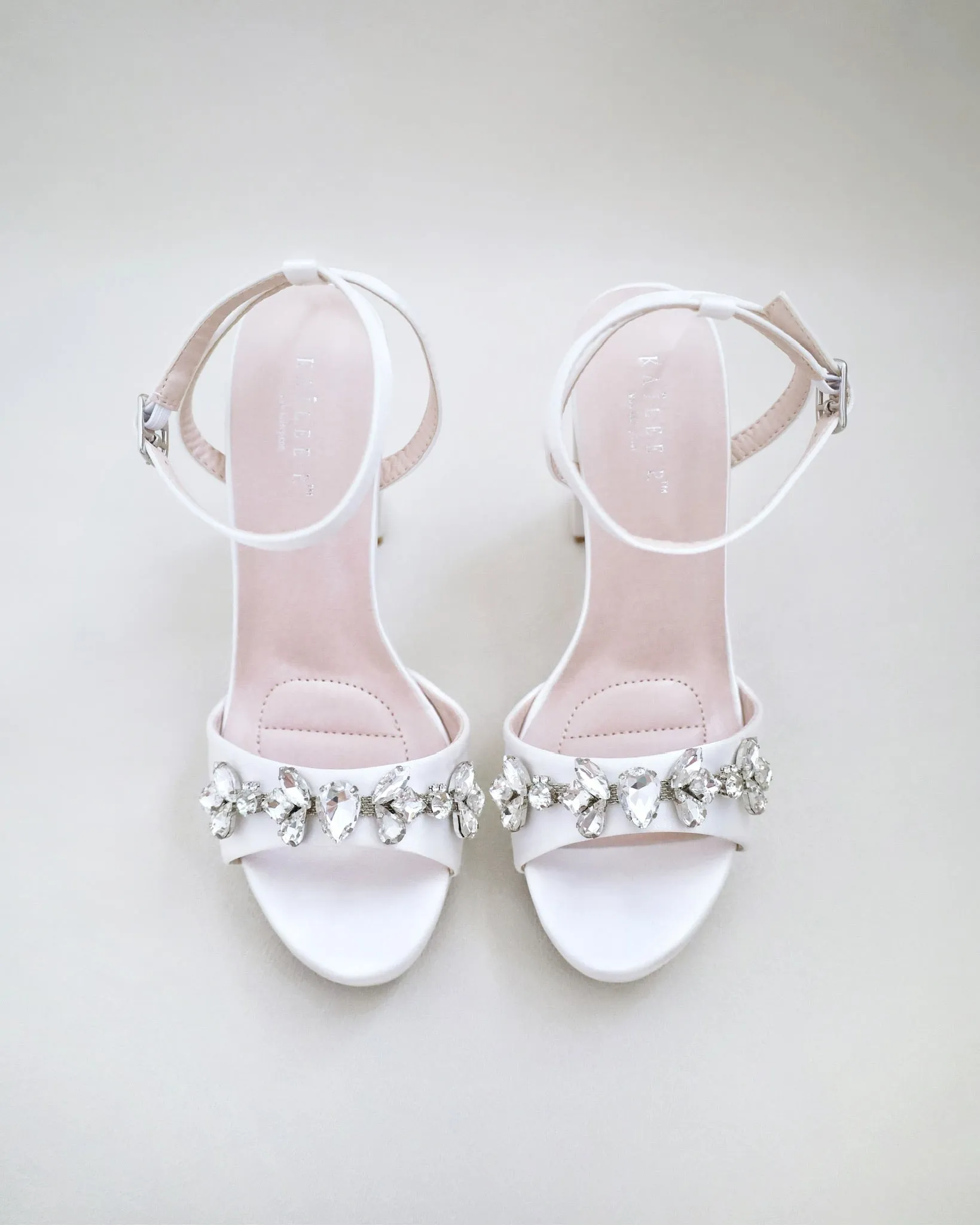 Satin Platform Block Heel Wedding Sandals with Navette Rhinestones