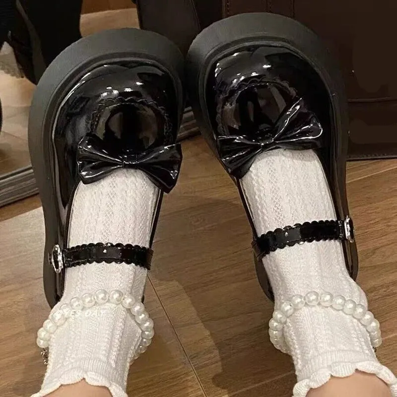 Sohiwoo Lovely Pearl Strap Lolita Shoes for Women Sweet Bowtie Platform Mary Janes Woman Patent Leather Non-Slip Cute Flats